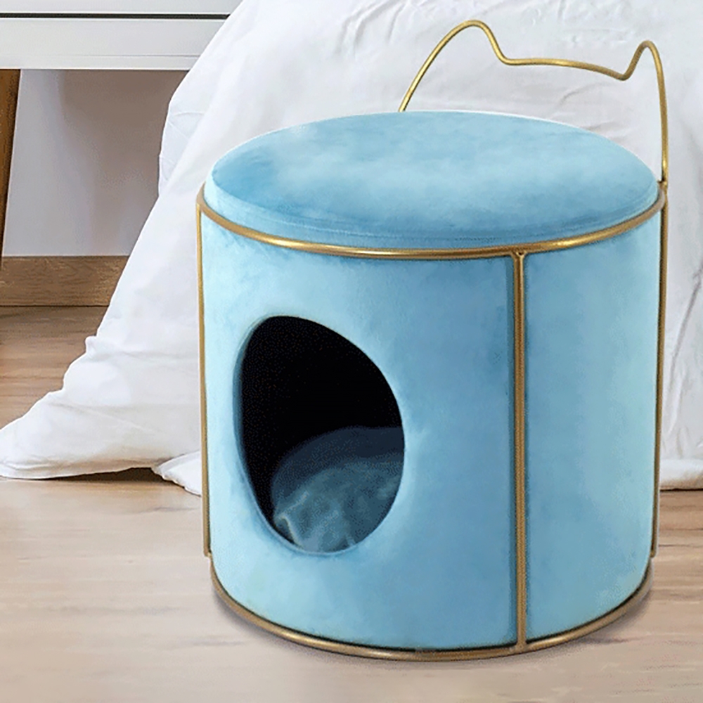 14.6" Velvet Cat Bed Round Vanity Stool Ottoman In Blue