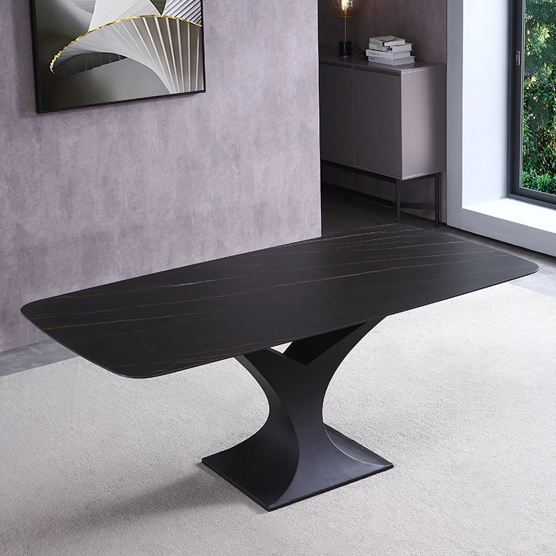 79" Modern Rectangle Stone Dining Table with Black Metal Y-Base in Black