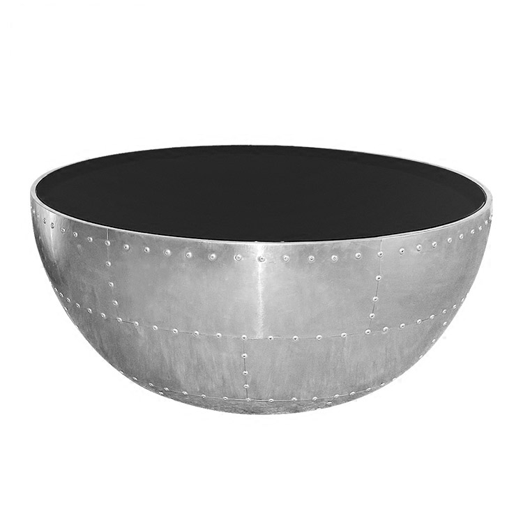 Aviator Coffee Table with Storage Drum Coffee Table Industrial Round Accent Table Black Glass Top