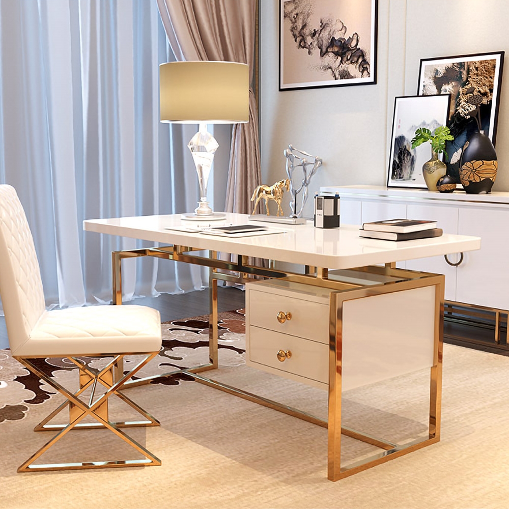 Image of 47" White Writing Desk Modern Computer Desk with 2-Drawer in Gold