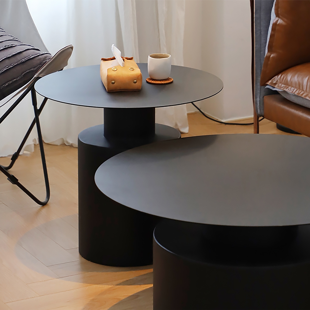 Black Round Coffee Table Metal Accent Table Set of 2Homary