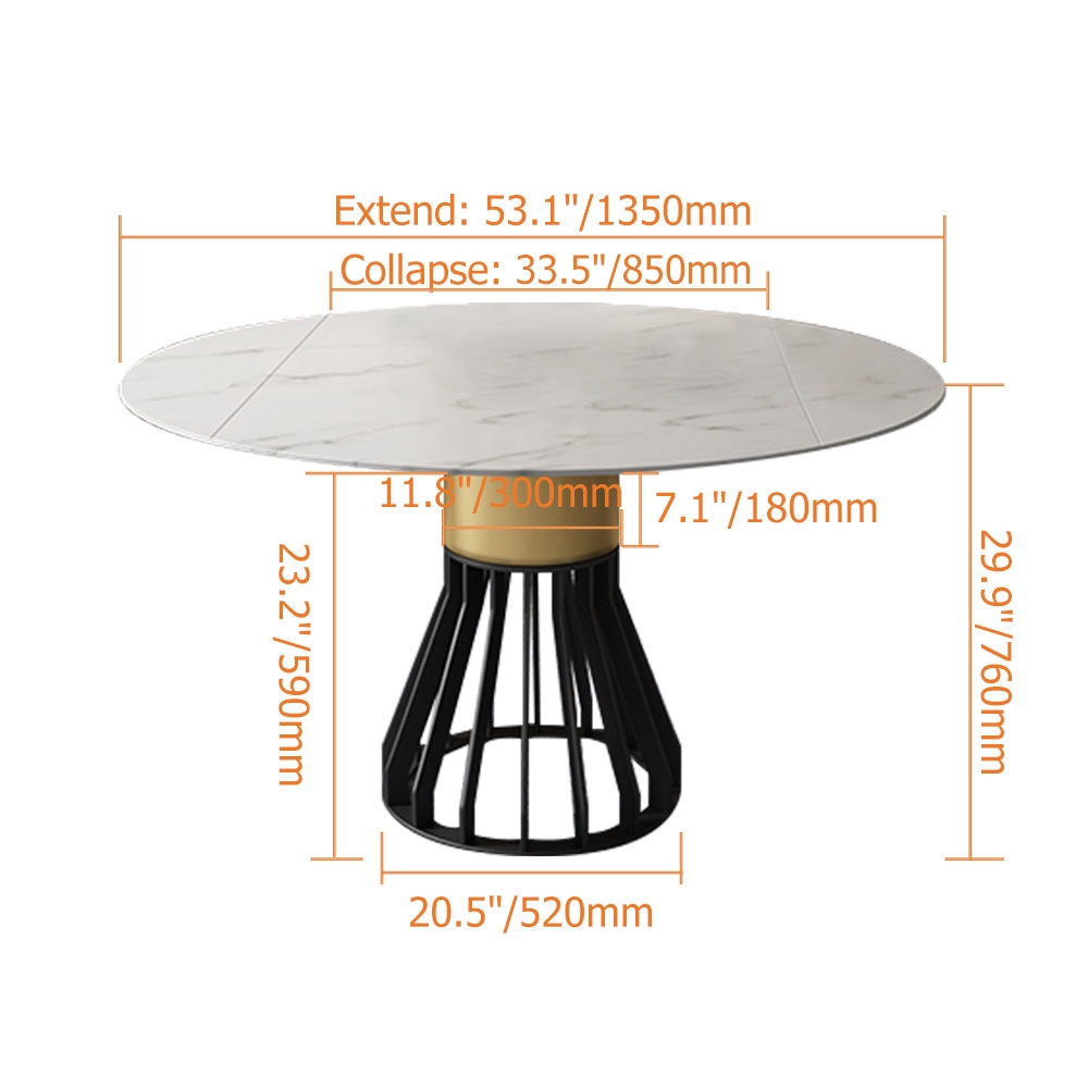 Modern Leaf Extendable Marble Pattern Stone Kitchen Dining Table Metal
