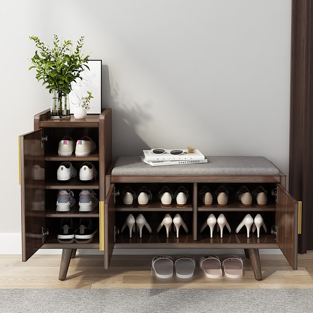 Walnut Upholstered Shoe Storage Cabinet with Door & Shelf Hallway Shoe Storage Bench