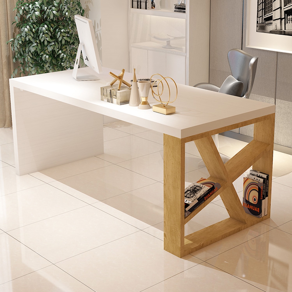 Modern White and Natural Rectangular Writing Desk with Shelf in Gold
