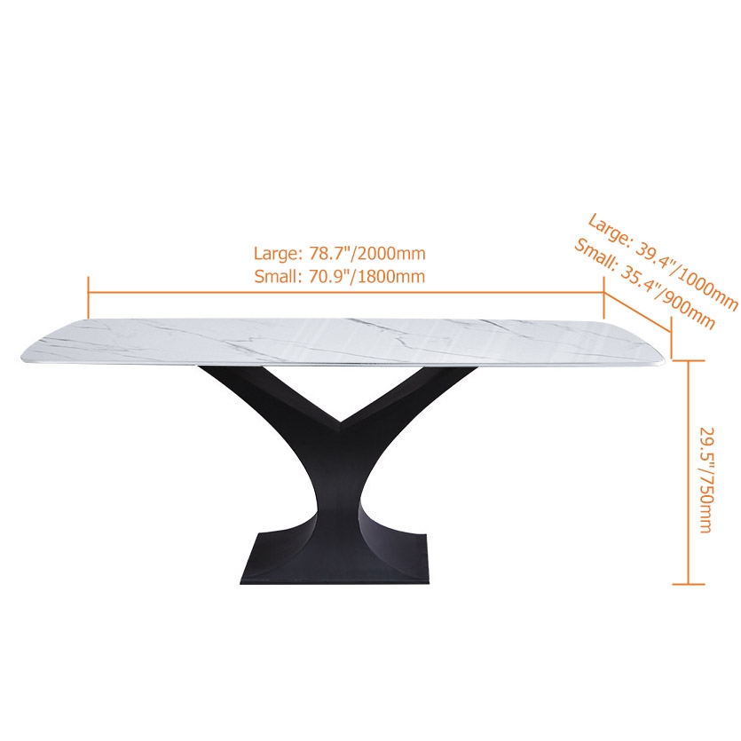 79" Modern Rectangle Stone Dining Table with Black Metal Y-Base in White
