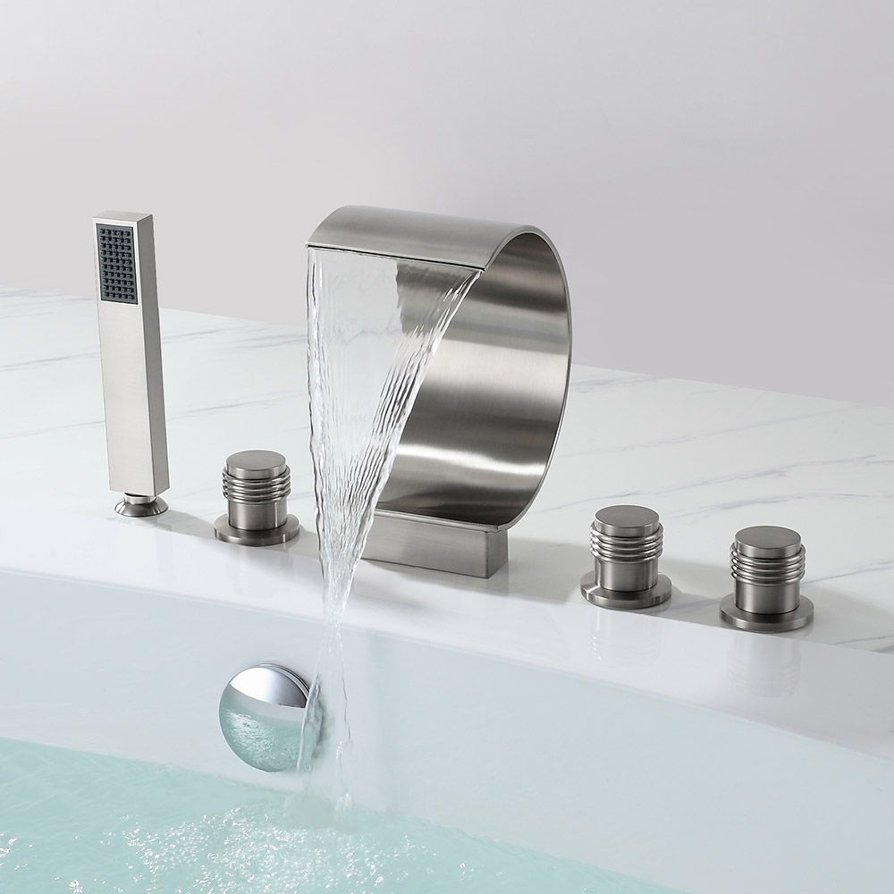 

Mooni Modern Waterfall Roman Tub Filler Deck Mount with Handshower Solid Brass