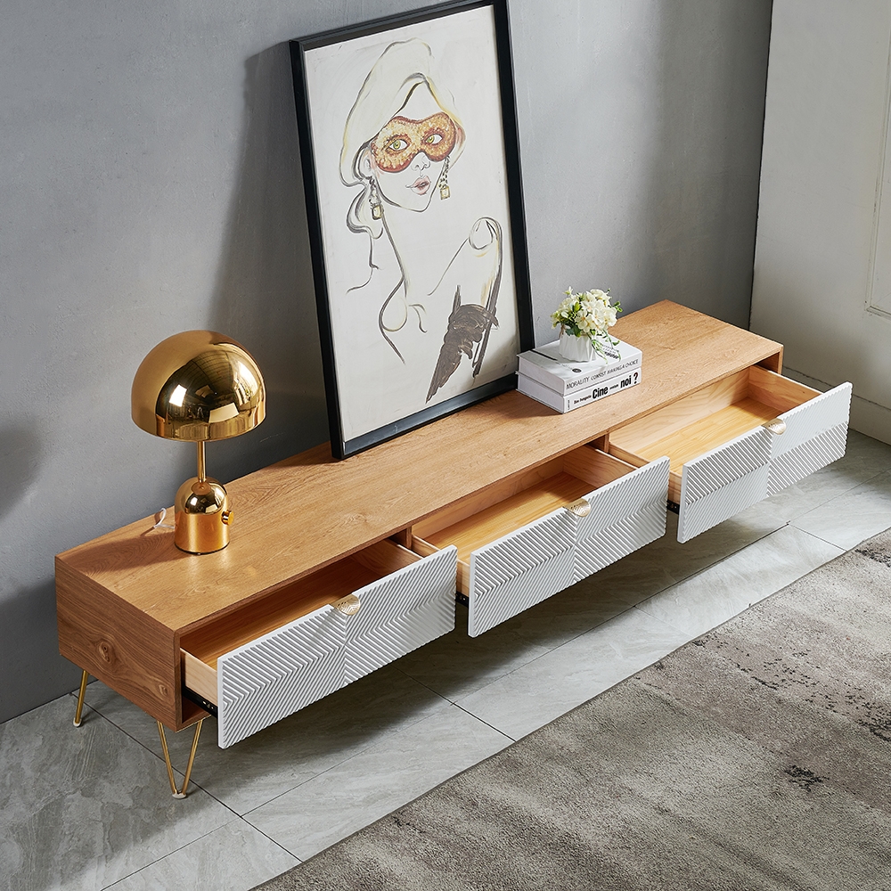 2000mm Modern Nordic Wood TV Stand Fluted White & Gold with 3 Drawers for 2519mm TV