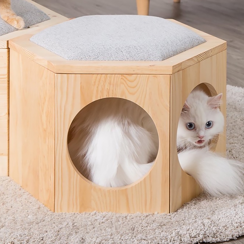 19.7" Solid Wood Cat Bed Hexagonal Ottoman End Table Cat Tunnel