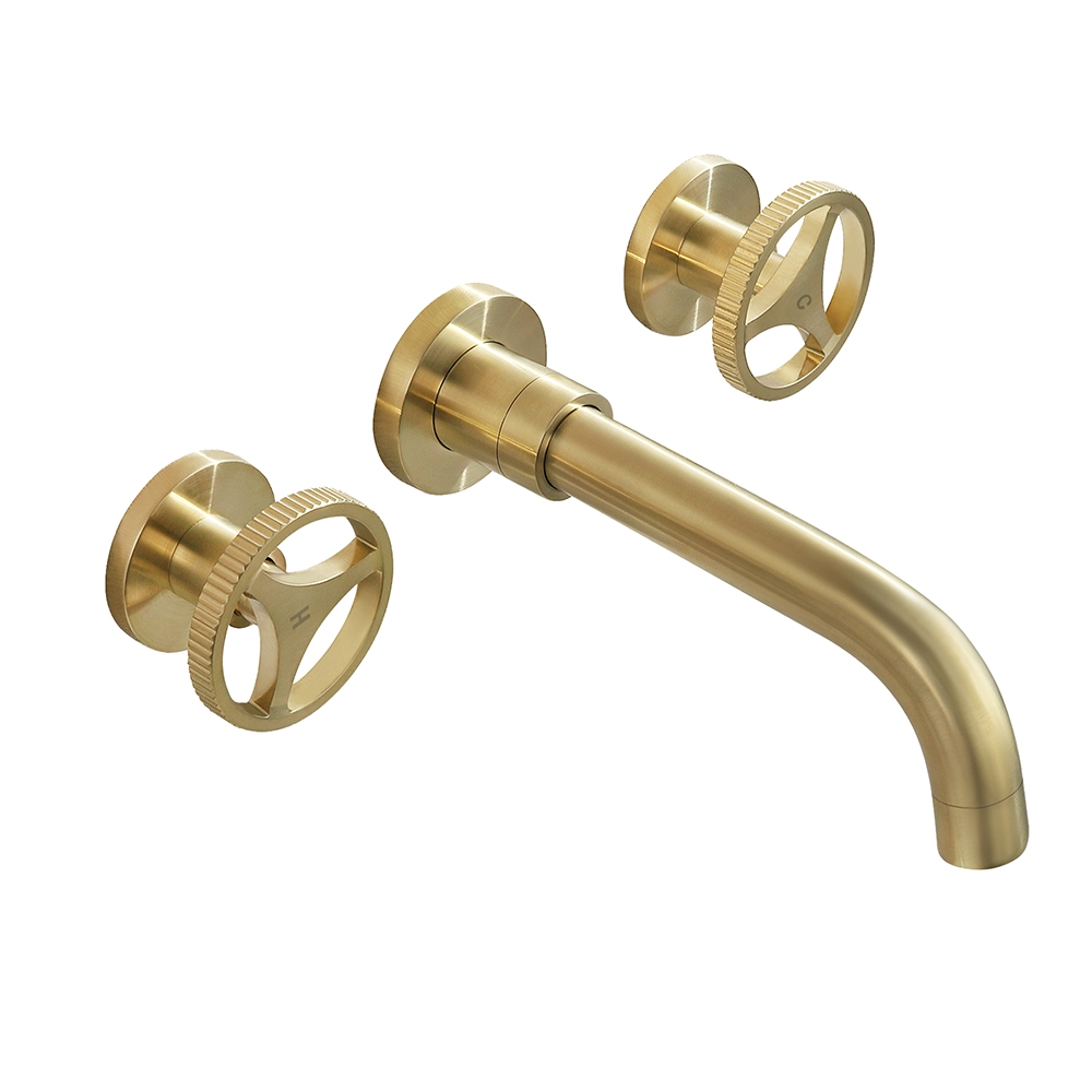 Ave Industrial Wall Mount Bathroom Mixer Tap Brushed Gold 2 Wheel Handles Solid Brass
