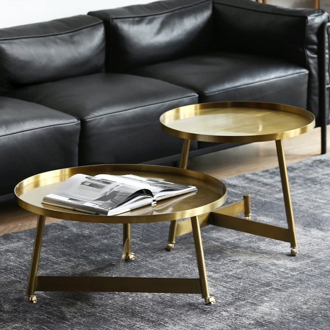 

Stylish Gold Coffee Table Medium Round Rolling Side Table with Wheels & Tray Top