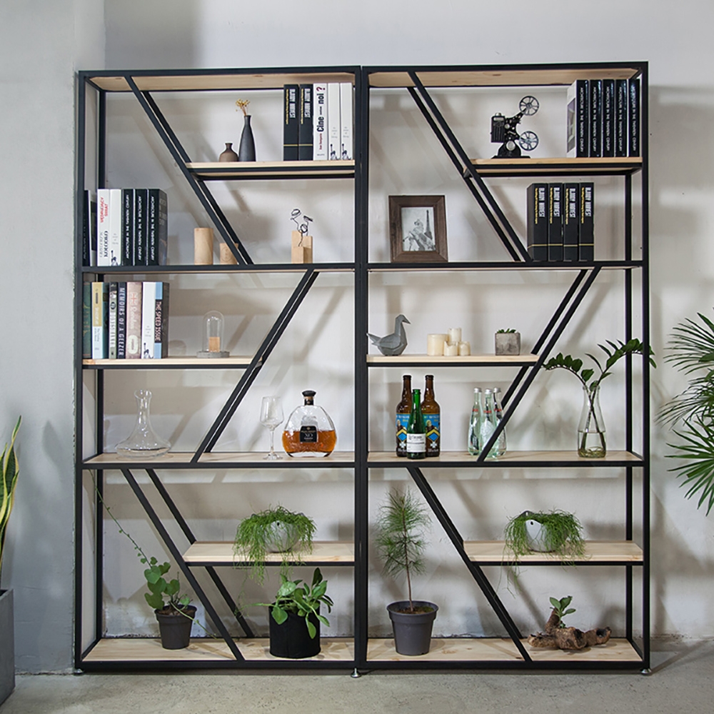 

Modern 6-Tier Etagere Bookshelf Freestanding Black & Natural Shelving