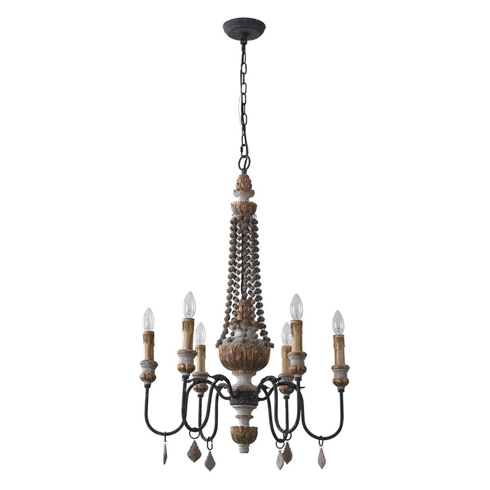 Retro Rustic 6-Light Sculpted Wood Rust Metal Clear Crystal Candle Style Chandelier