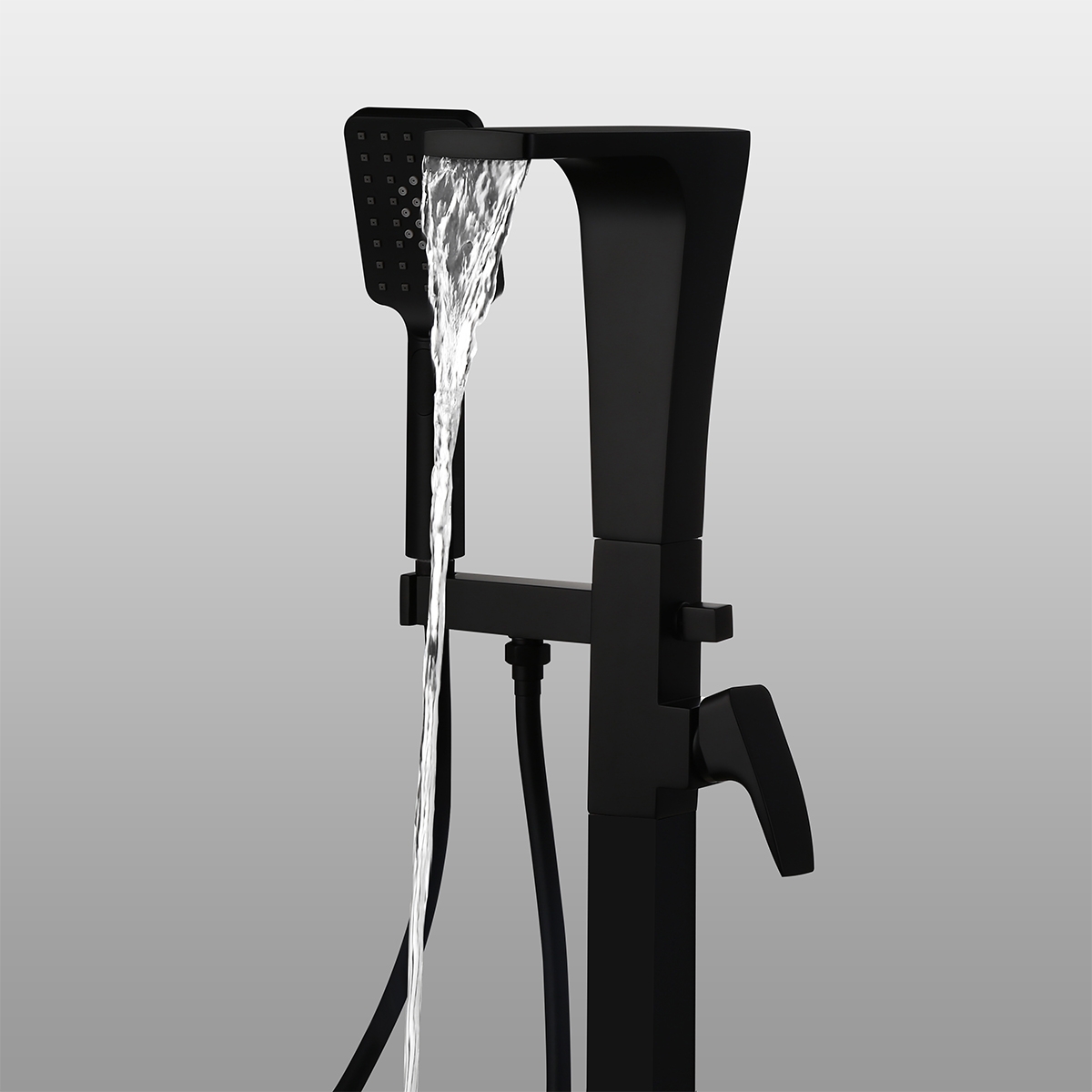 Waterfall Spout Matte Black Freestanding Bath Filler Tap with Handheld