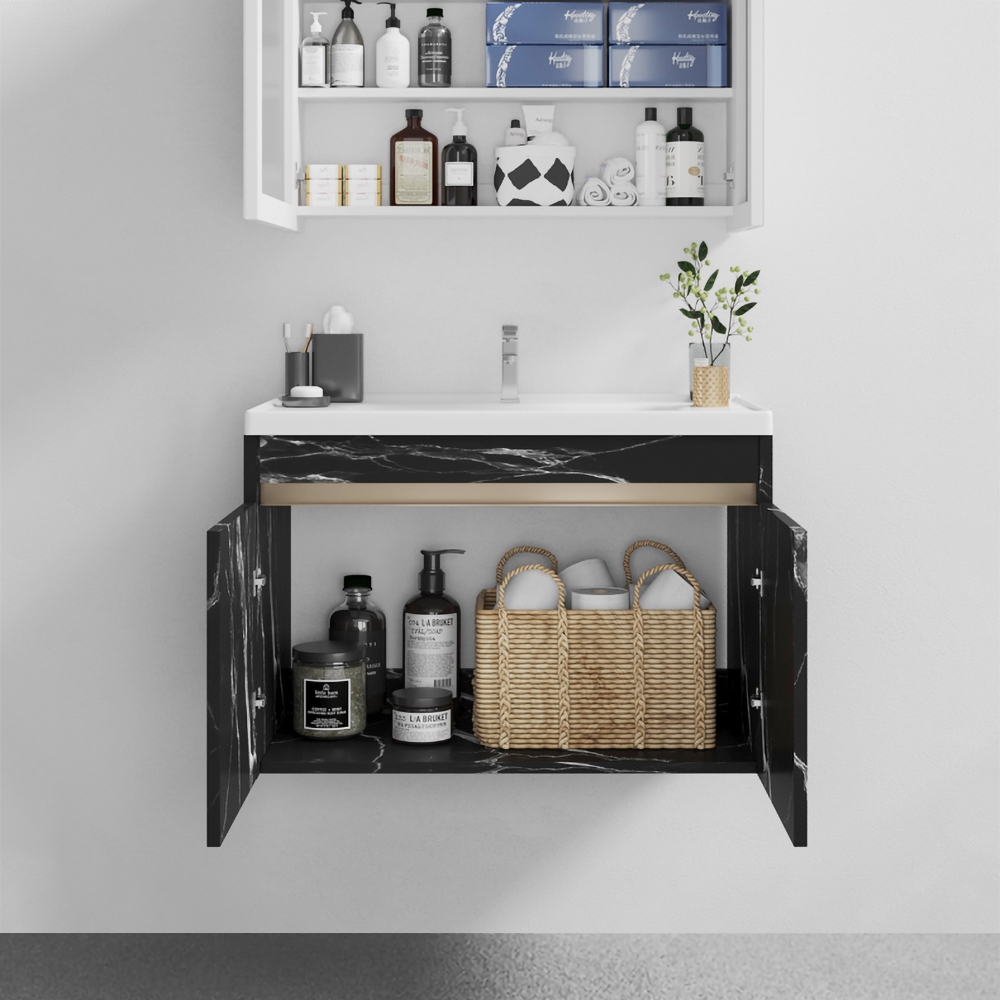36" Black Floating Bathroom Vanity with Ceramic Top & Drop-in Sink