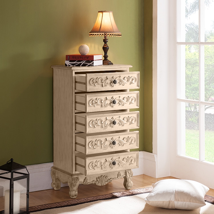 Rustic Distressed White Tall Dresser 5 Drawer Chest of Drawers Carved