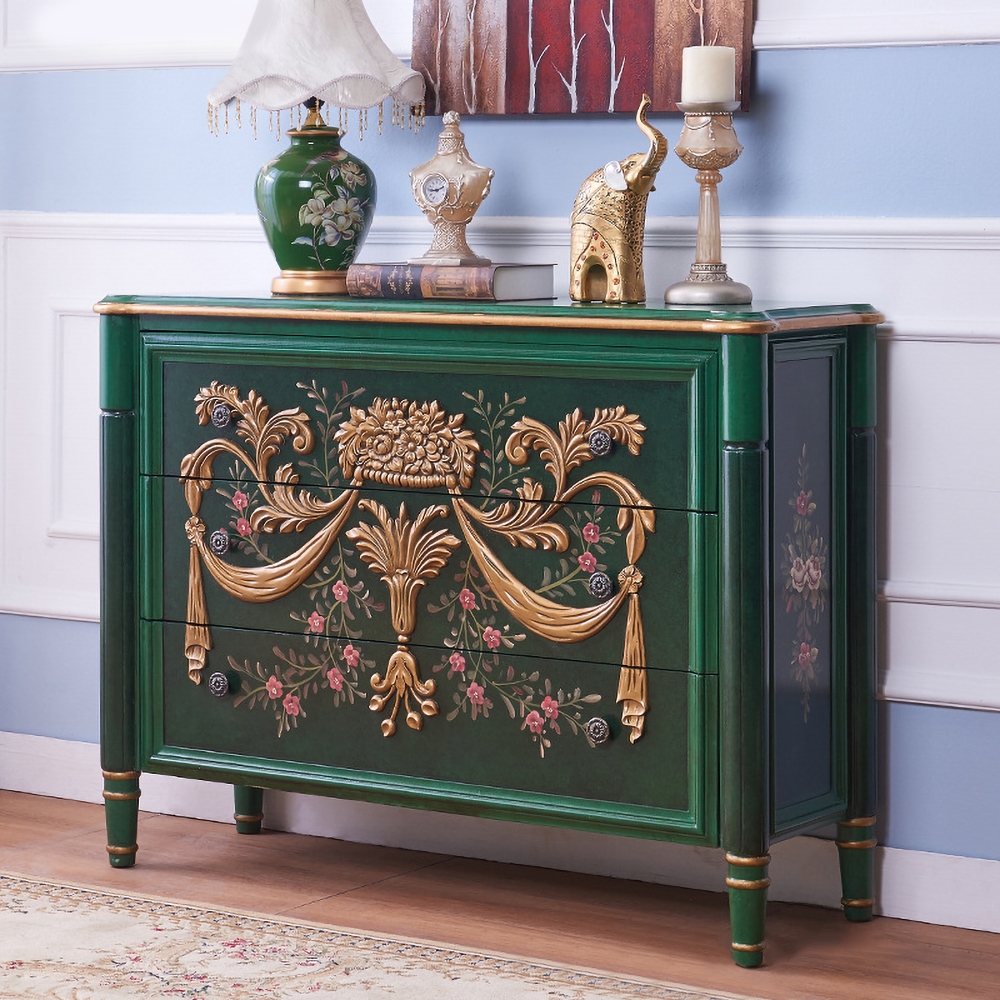 47" Classic Green Entryway Embossed Flower Patterns 3 Drawers