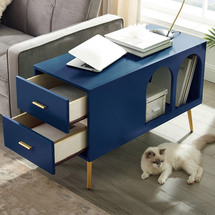 

Blue End Table with Storage Living Room Side Table 2 Drawer & Open Storage