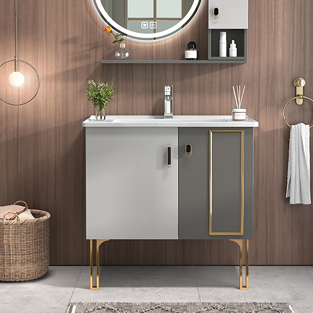 39" Gray Floating Bathroom Vanity With Top Ceramic Drop In Sink Single Vanity