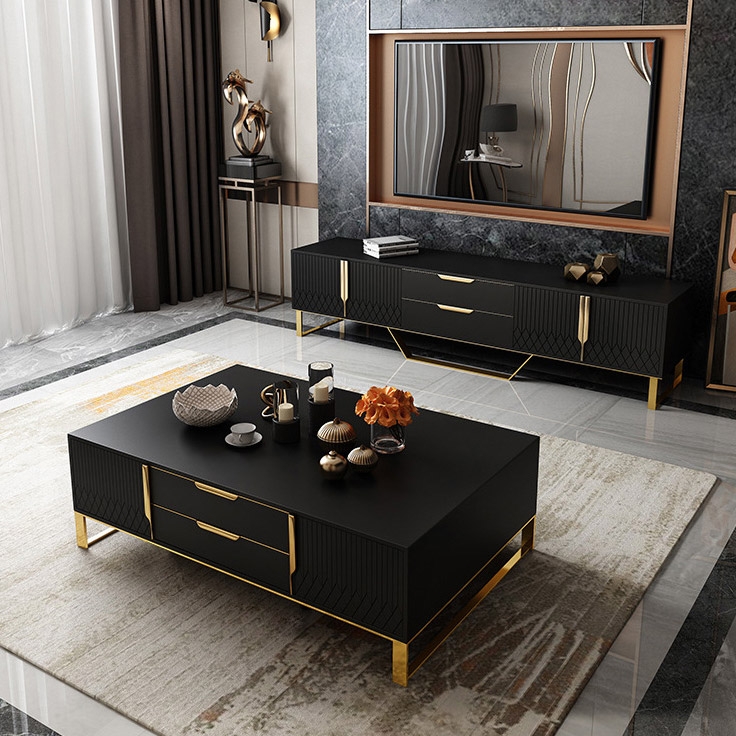 Nordic Rectangular Black Coffee Table with Storage of Drawers & Doors in GoldHomary