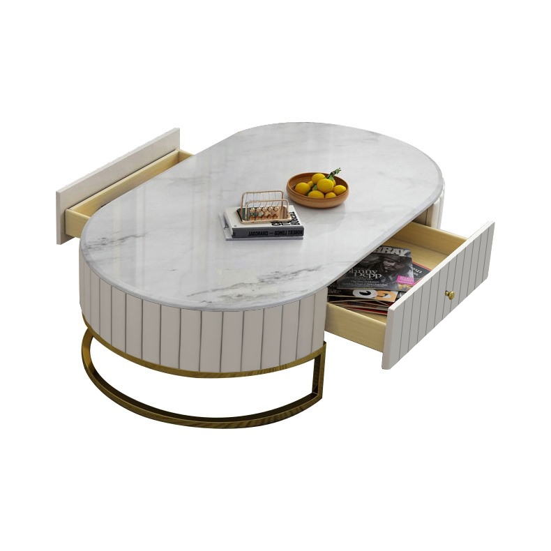 1210mm Modern Oval Faux Marble Top Coffee Table with 2 Drawers Gold Metal Base in White