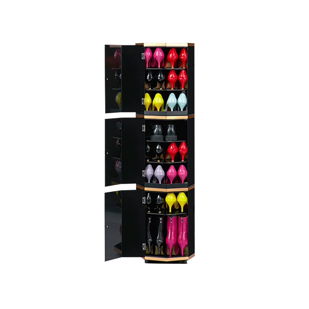 Schwarzer runder Drehschrank für hohe und schmale Schuhe mit 3 Türen, 18 Paar