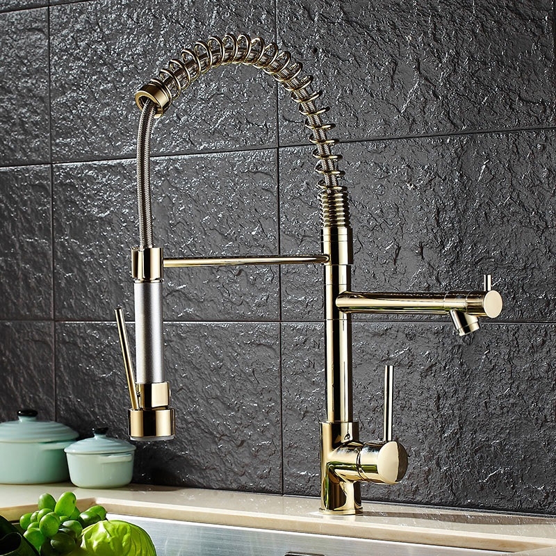 Image of Brewst Luxury Pull Out Sprayer Kitchen Faucet Single Hole Double Spout Solid Brass