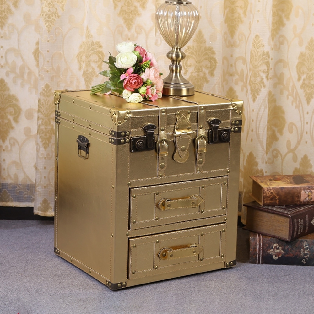 Industrial Gold Nightstand with 2 Drawers & Lift Top Storage Bedside Table