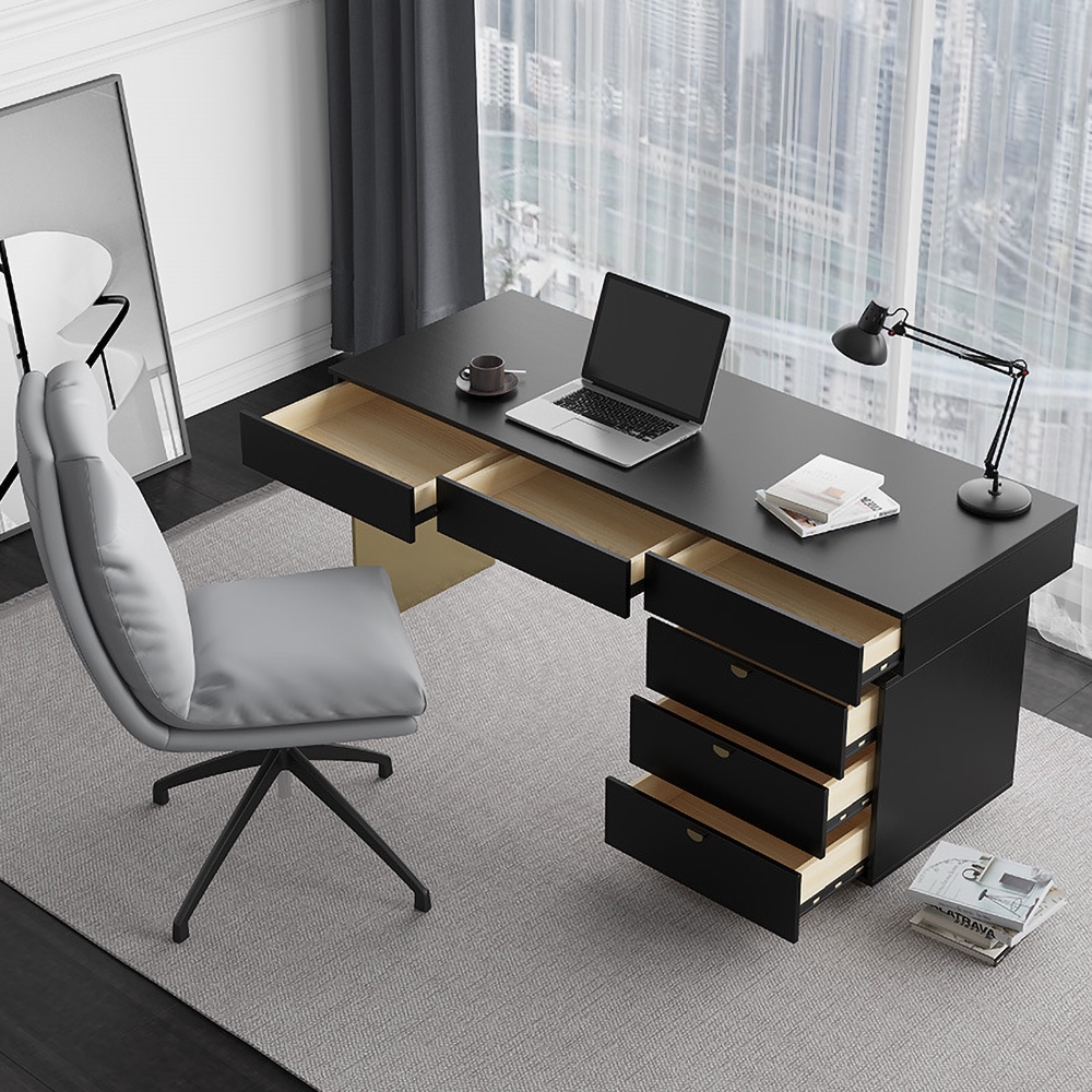 55" Modern Black Office Computer Desk with 6 Drawer & Gold Leg
