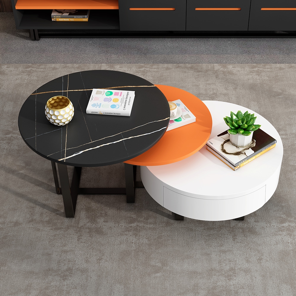 

White & Black & Orange Round Coffee Table with Rotatable Drawers