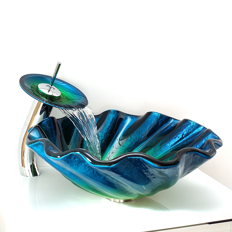 Image of Blue&Green Seashell Glass Bathroom Vessel Sink & Waterfall Faucet System