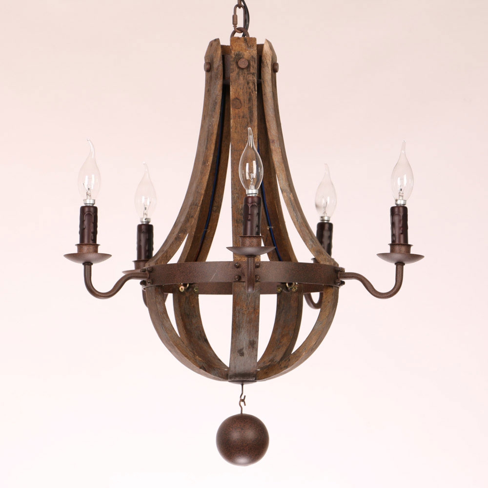 Rustic Reclaimed Wood & Rust Metal 5-Light Chandelier with Candle Light
