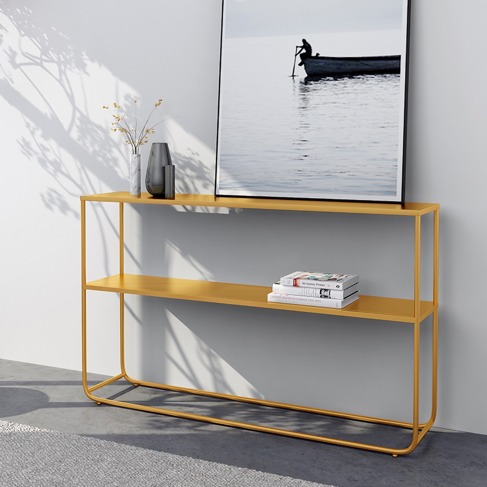 Modern Narrow Metal Console Table with Shelf in Black