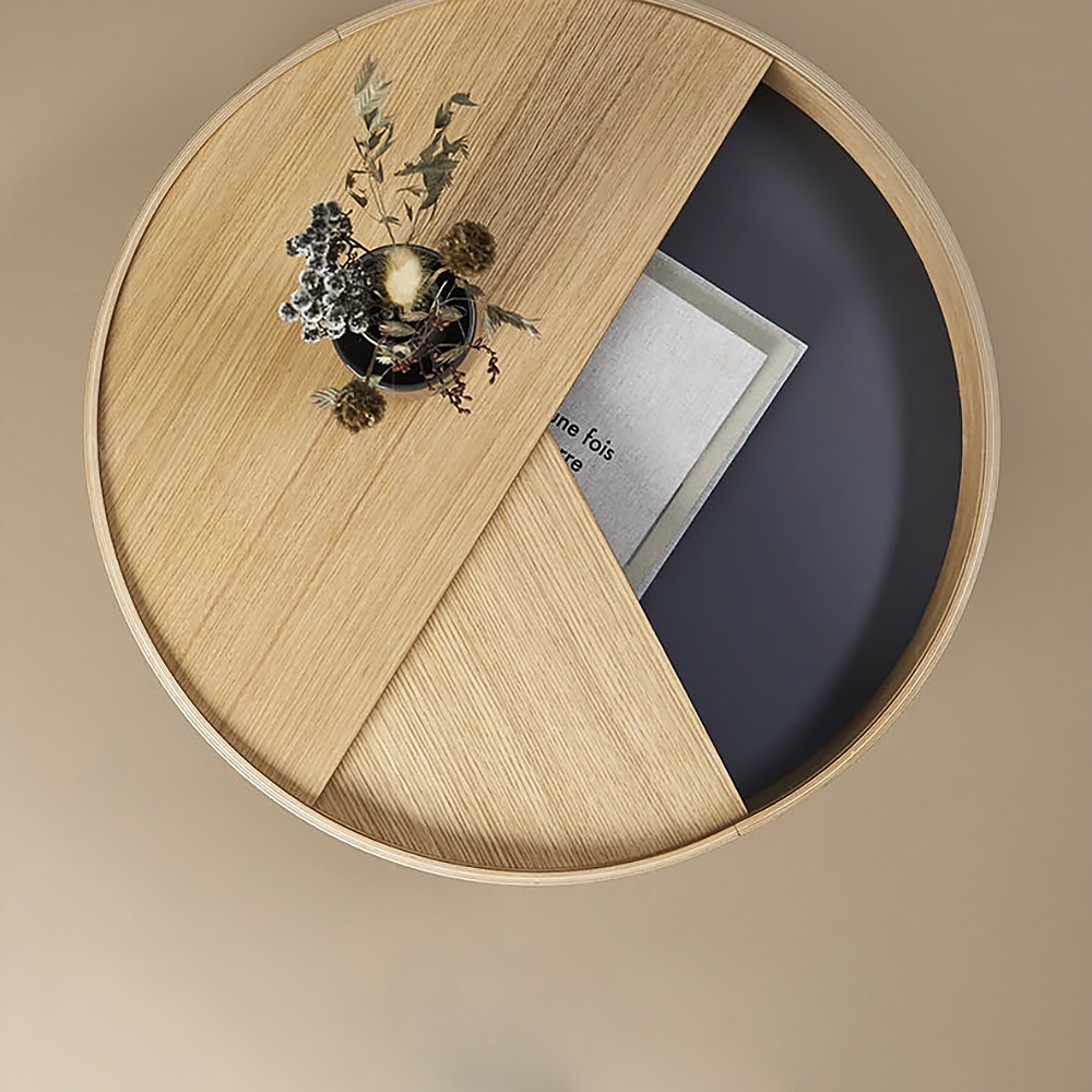 Farmhouse Natural Rotating Side Table with Hidden Storage Wood Round End TableHomary