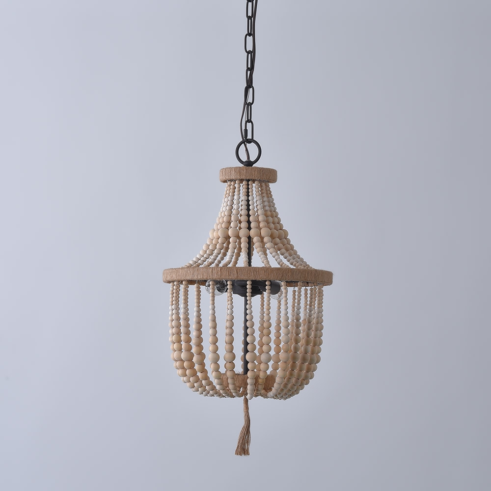 French Country 2-Light Wood Draped Beaded Empire Chandelier Natural Wood and Rope Chandelier