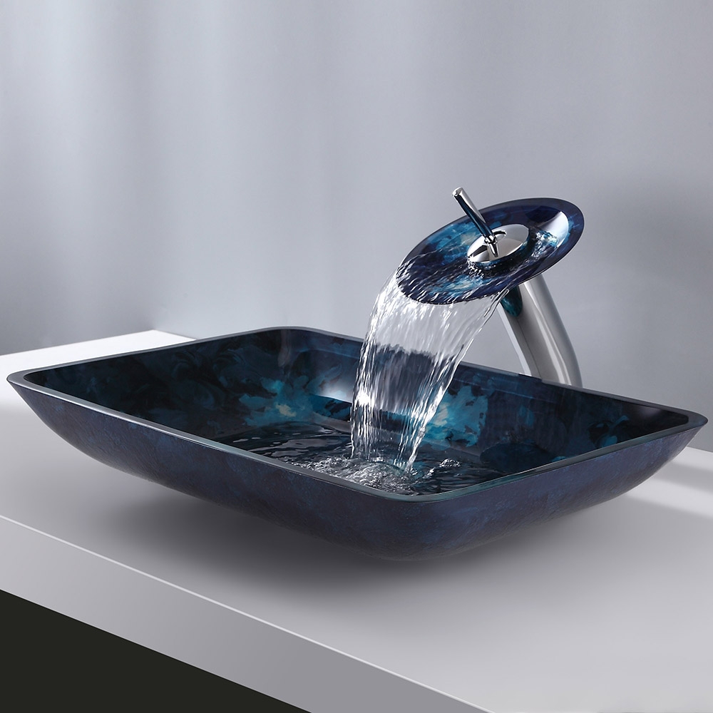 Rectangular Glass Bathroom Counter Top Basin in Blue with Waterfall Tap