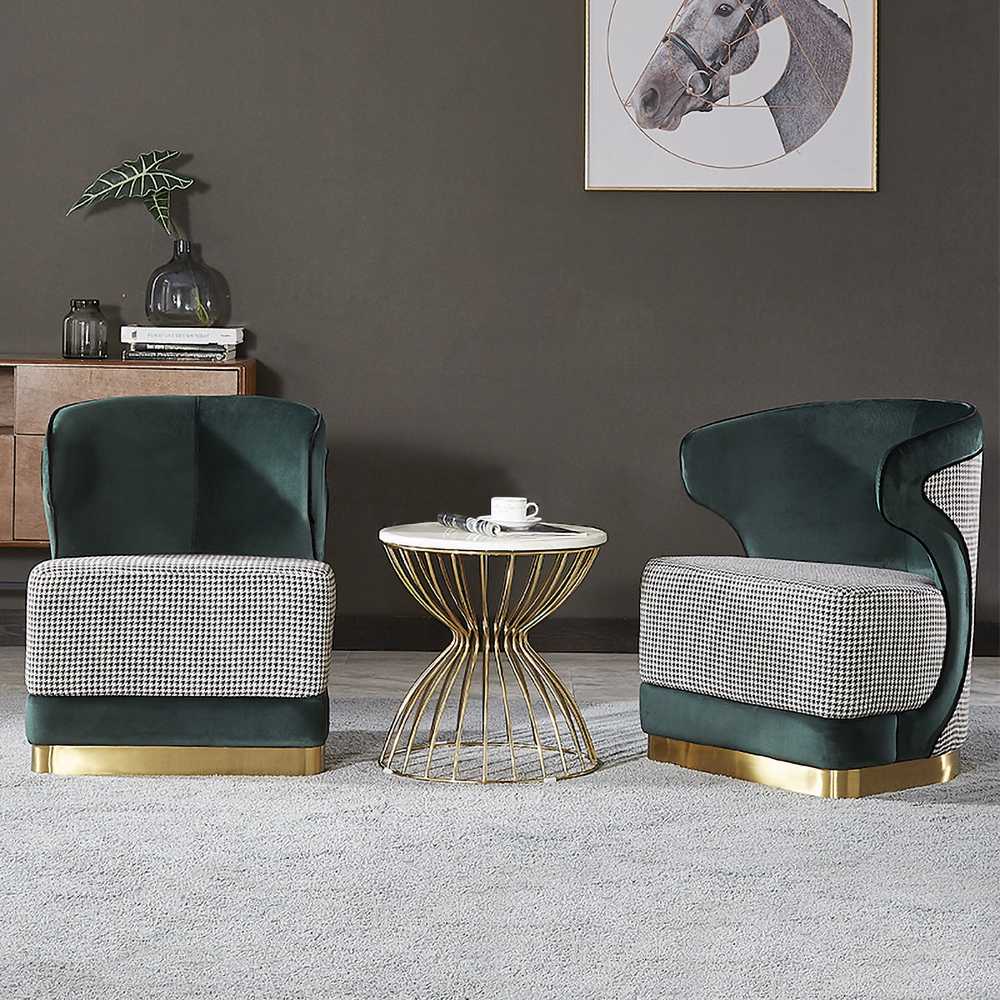 

Mid Century Black Faux Leather Armchair Houndstooth Linen Upholstered Single Chair Gold Leg Stainless Steel
