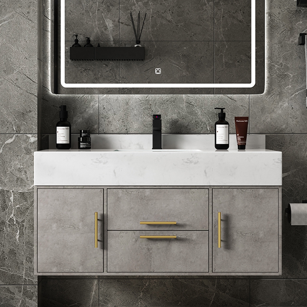 1000mm Grey Floating Bathroom Vanity Set with Faux Marble Top Integral Ceramic Sink