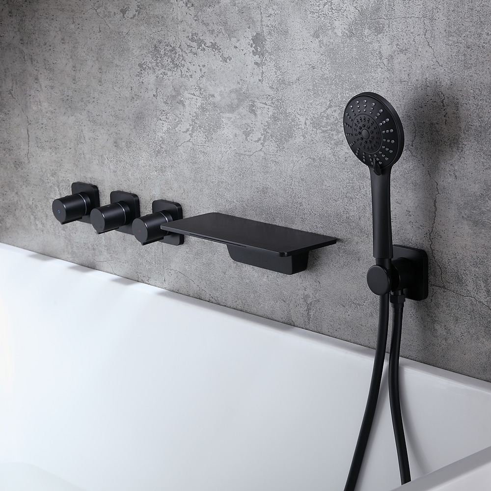 Modern Stylish Wall-Mount Waterfall Bathtub Faucet with Hand Shower in Matte Black Solid Brass