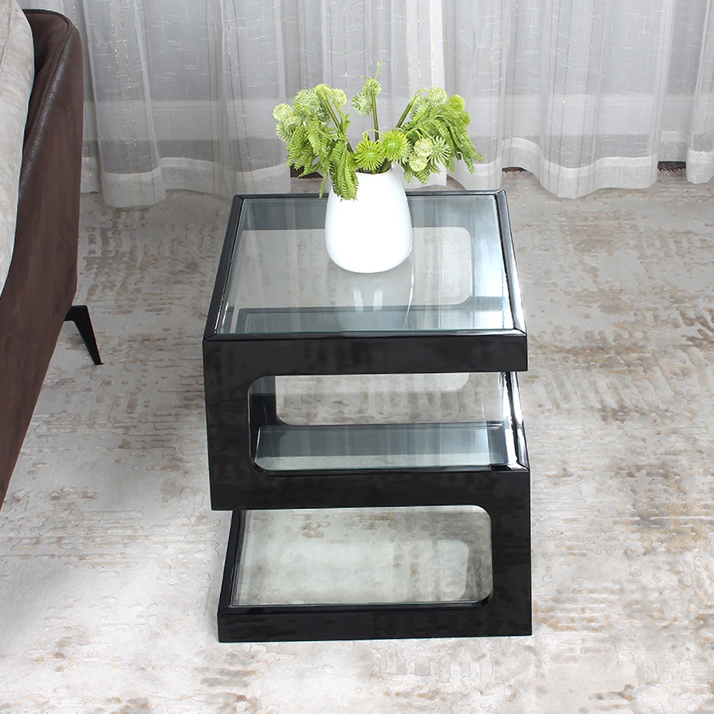 Modern Glass Side Table with 3 Tiers S-shaped End Table in Black