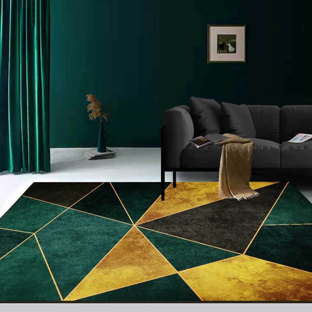 Tapis d'intérieur Rectangle Géométrique Moderne Vert Noir et Or 5'x7'