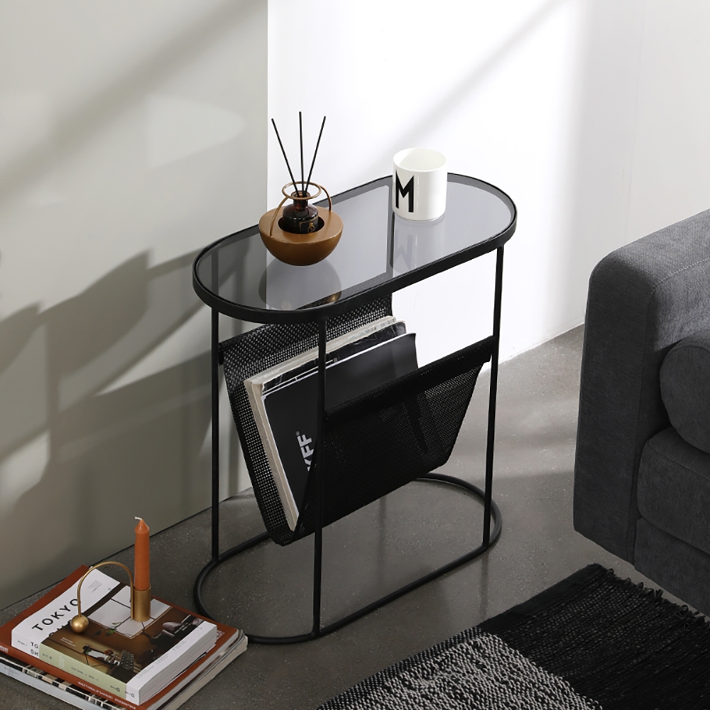 Modern Side Table Black End Table Metal Accent Oval Table Magazine Holder Sofa Table