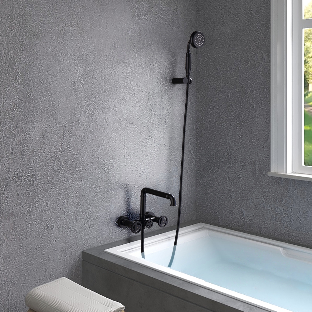 Ruth Industrial Pipe Matte Black Wall Mounted Bath Filler Mixer Tap with Hand Shower
