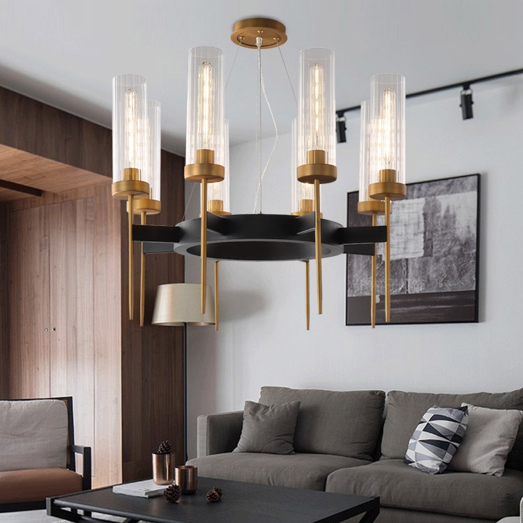 Shay Modern Minimalist 8-Light Clear Ribbed Glass Cylinder Chandelier Metal in Gold&Black