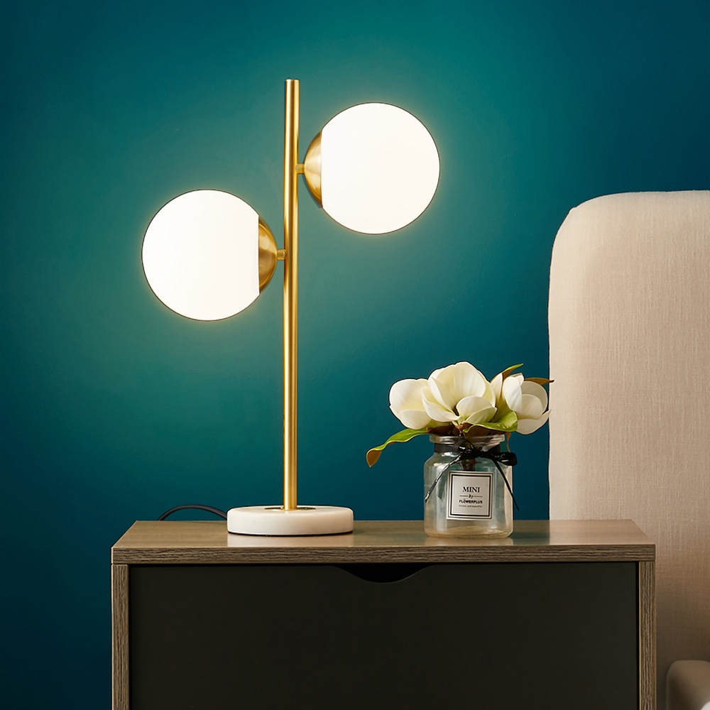 Image of Gold Modern LED Globe Table Lamp 2 Light White Glass Shade Marble Base