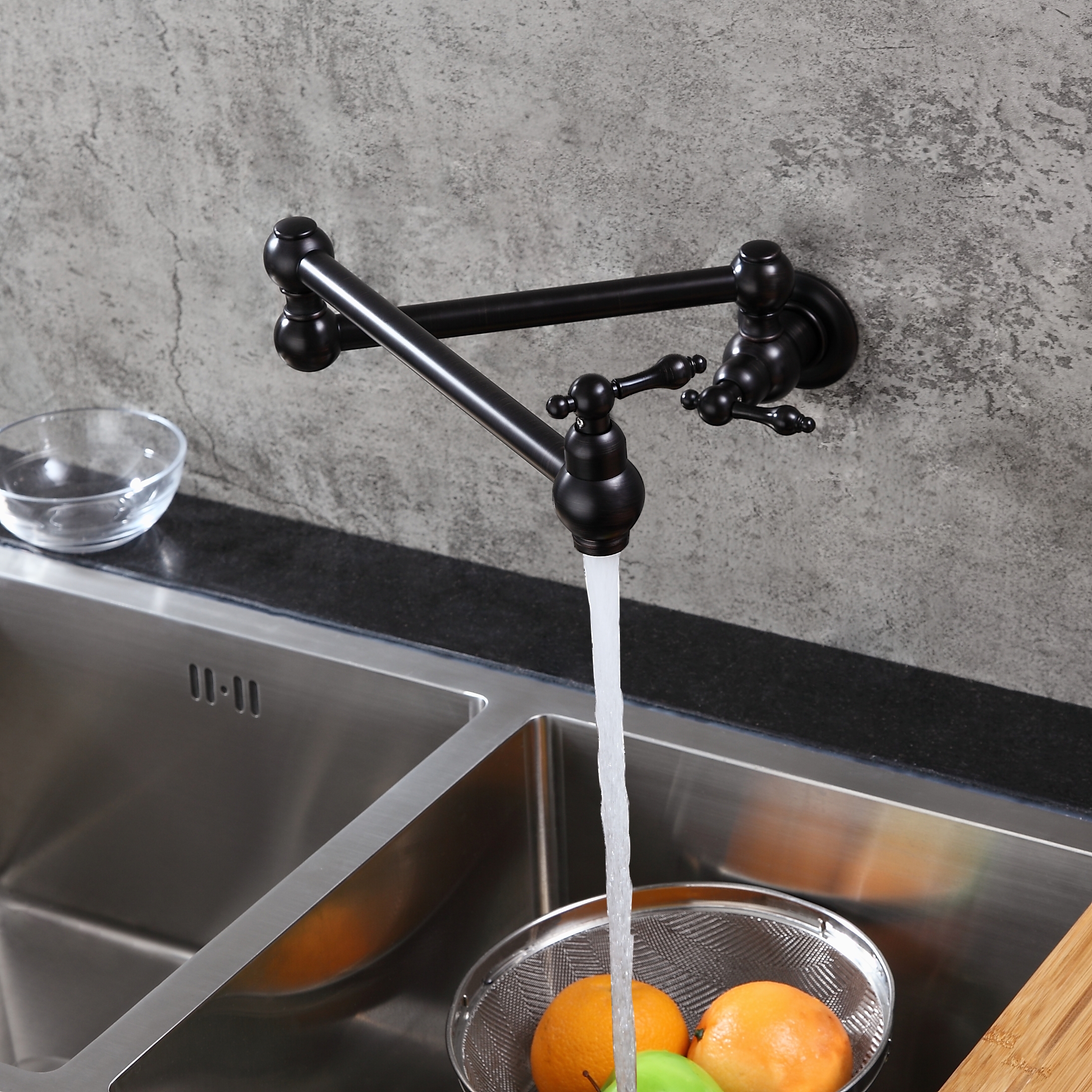 Wall Mounted Retractable Double Handle Cold Only Faucet with Double Swing Joints