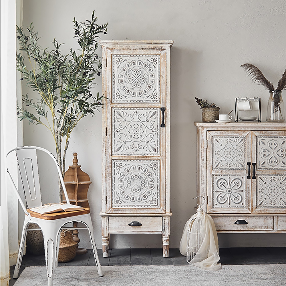 Distrate Distressed White Wood Display Cabinet with Storage Curio Accent Door Cabinet