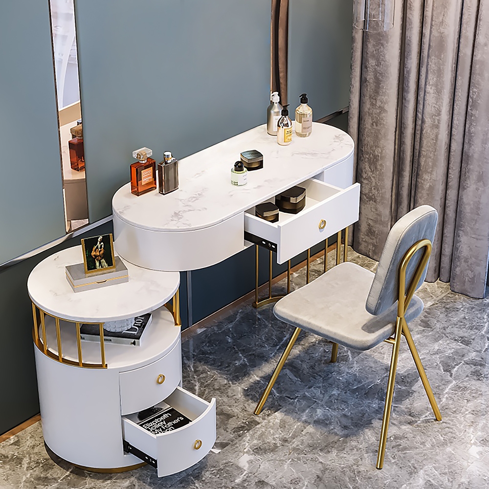 

Modern White Faux Marble Tabletop 3-Drawer Dressing Makeup Vanity Expandable Dressing Table with Cabinet