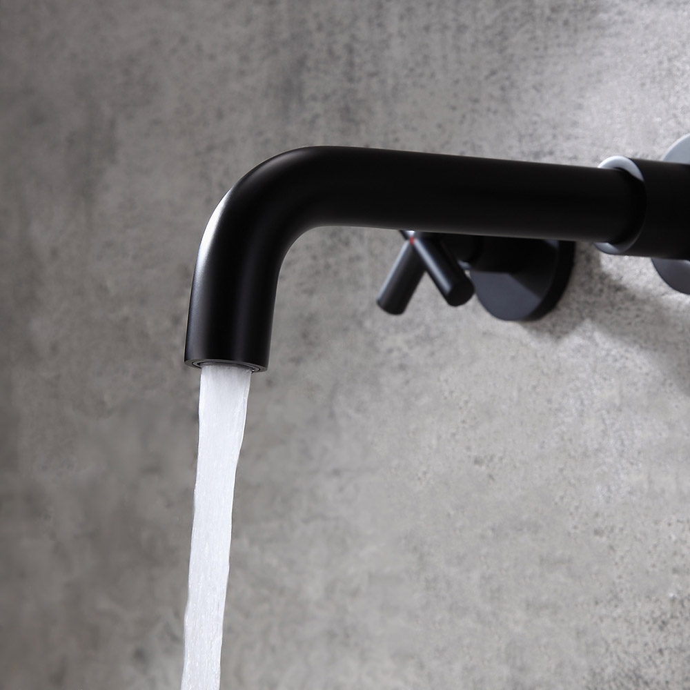 Melro Modern Wall-Mount Cross Handles Brass Bathroom Hand Wash Basin Mixer Tap in Matte Black