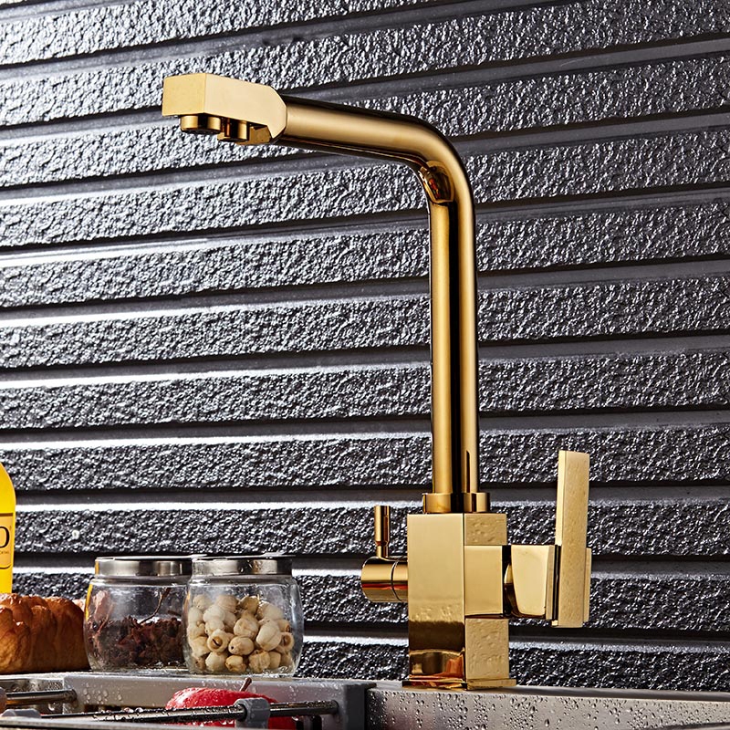 Luxury Single Hole Double-Handle Swiveling Kitchen Faucet with Water Filtering in Gold