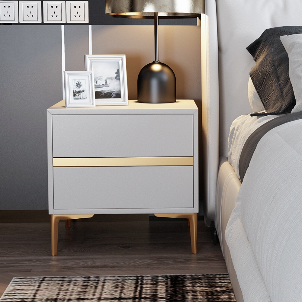 

White Faux Leather Bedroom Nightstand with 2-Drawer Bedside Table Stainless Steel in Gold